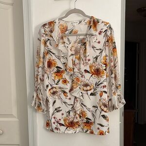 PerSeption Concept Ruffled Floral Blouse - Cream and Orange